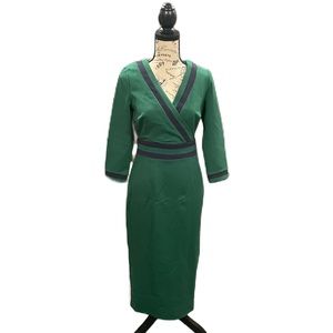 Boden size 6 fully lined green dress with navy contrast piping and long sleeves